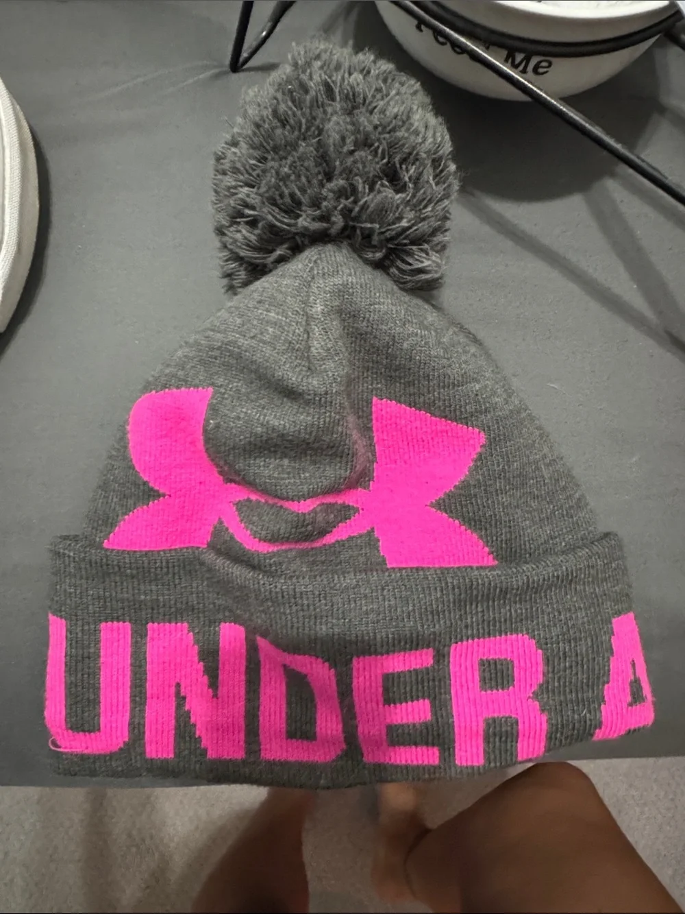 Under Armour Kids Gray Beanie with Bright Pink Logo and Pom